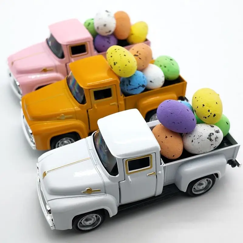 Modelo de vehículo de camión de Pascua, figura con huevos, modelo de camión Vintage para Pascua, vacaciones de primavera, cocina casera, bandeja escalonada de mesa