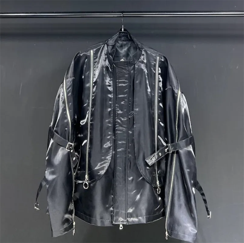 Metallic black zipper jacket women men Spring Autumn oversized loose jacket coats outerwear Y4141