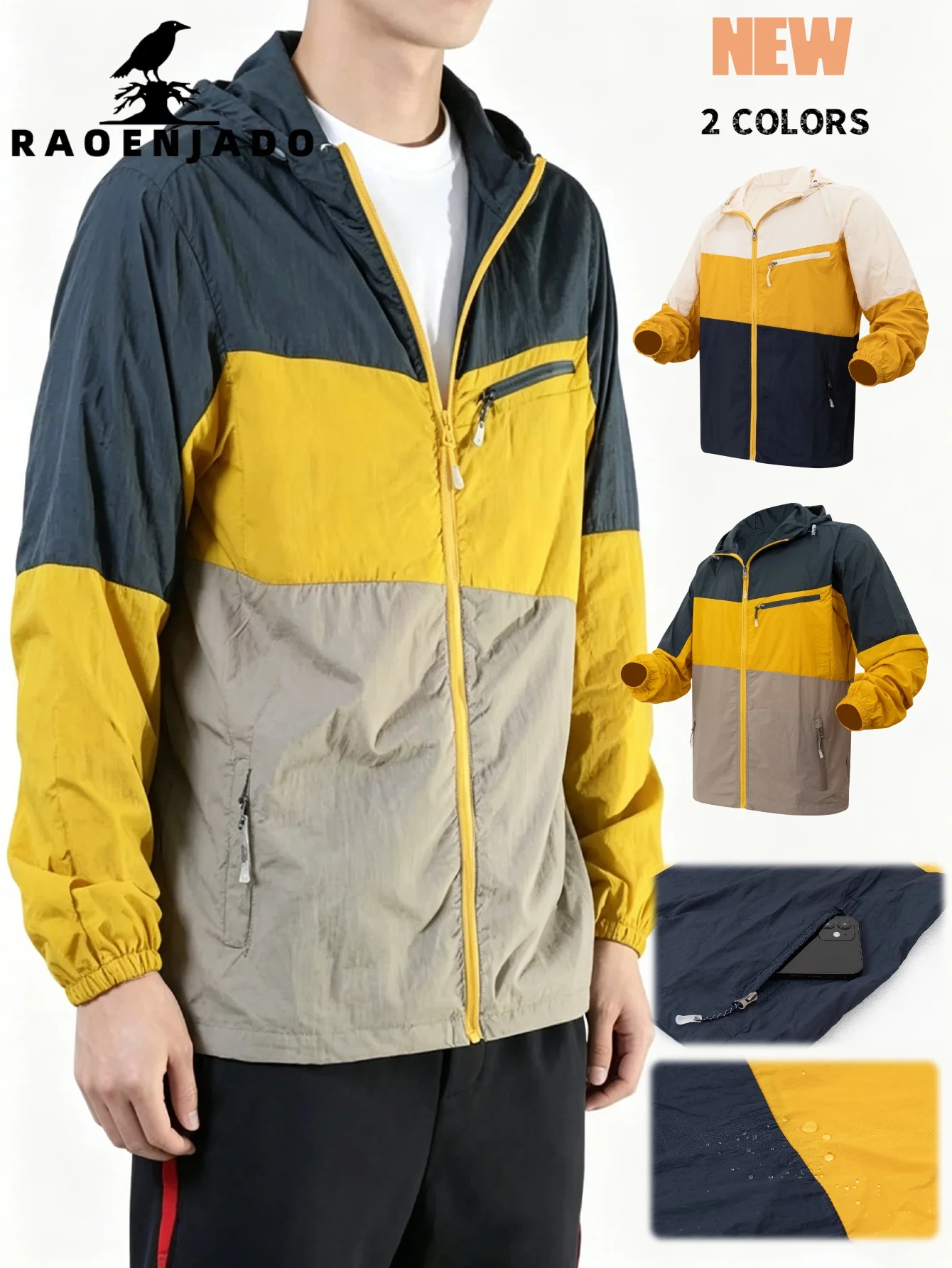 

Men's Light Sun Protection UV Jacket Full Zipper Hoodie Clothing Thin Quick-Dry Breathable Colorblock Design for Summer Outdoor