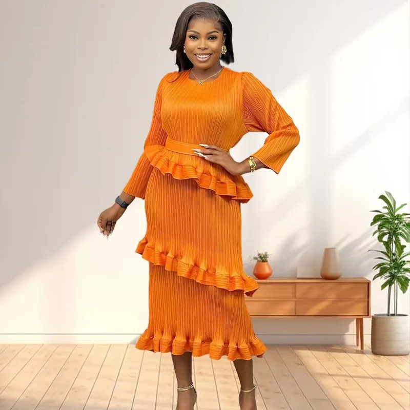 

African Prom Women's Slim Dress Miyake Pleated Luxury Plus Size Casual Elegant Long Sleeve 2025 New Waist Slim Evening Gowns