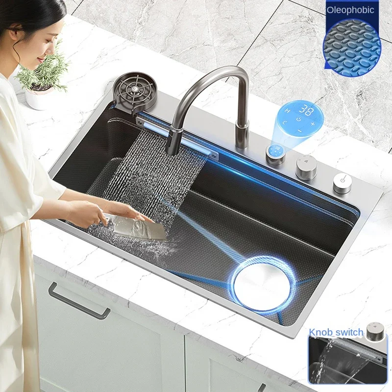 One Piece Waterfall Faucet Stainless Steel Single Slot Bionic Honeycomb Black Kitchen Sink