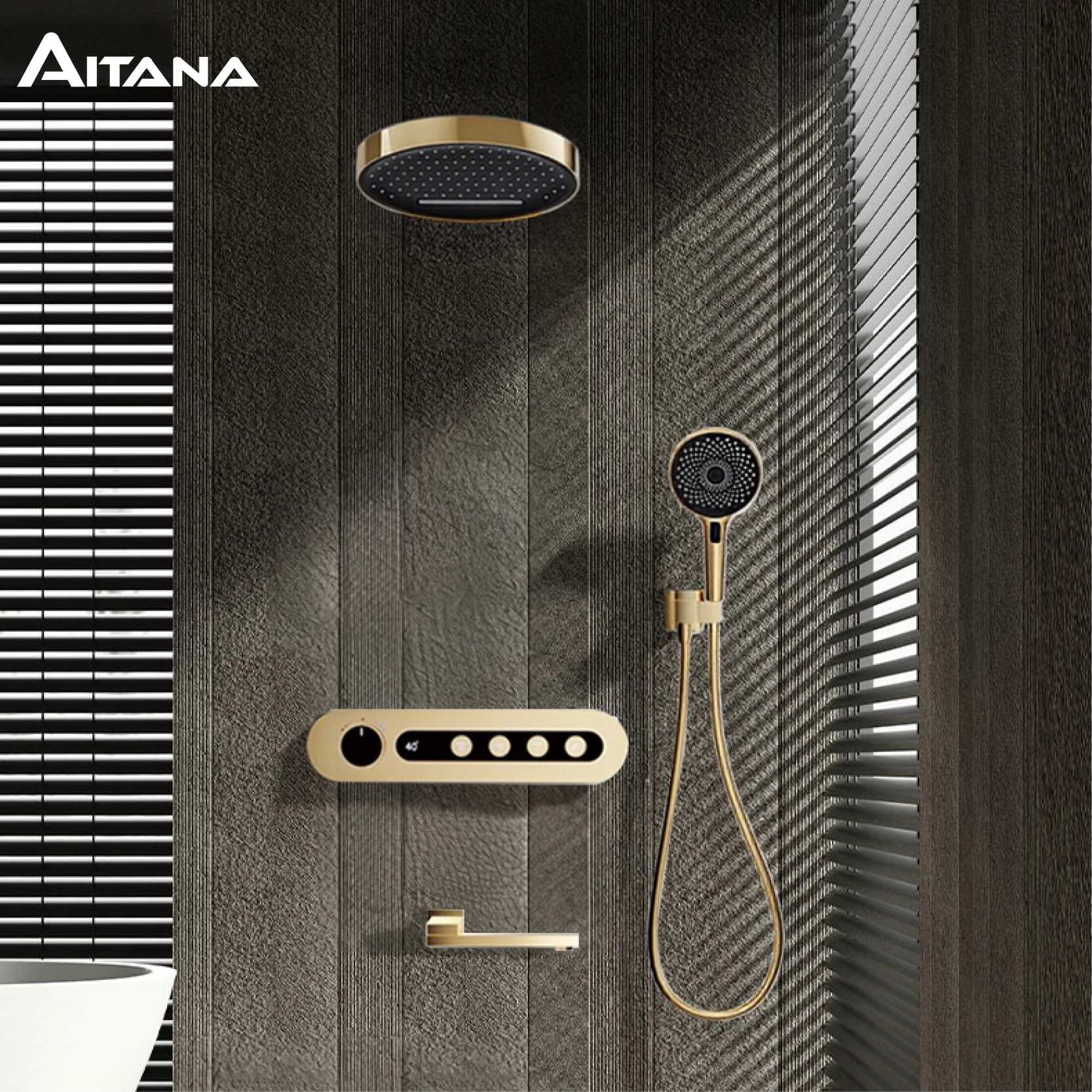 

Brushed Gold Brass Wall-Mounted Thermostatic Shower System with Digital Temperature Display 4-function bathroom mixer Tap
