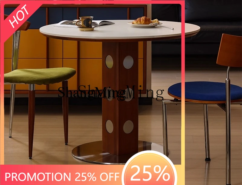 

CL medieval round table retro metal legs round dining table Nordic Bauhaus solid wood rock slab dining table