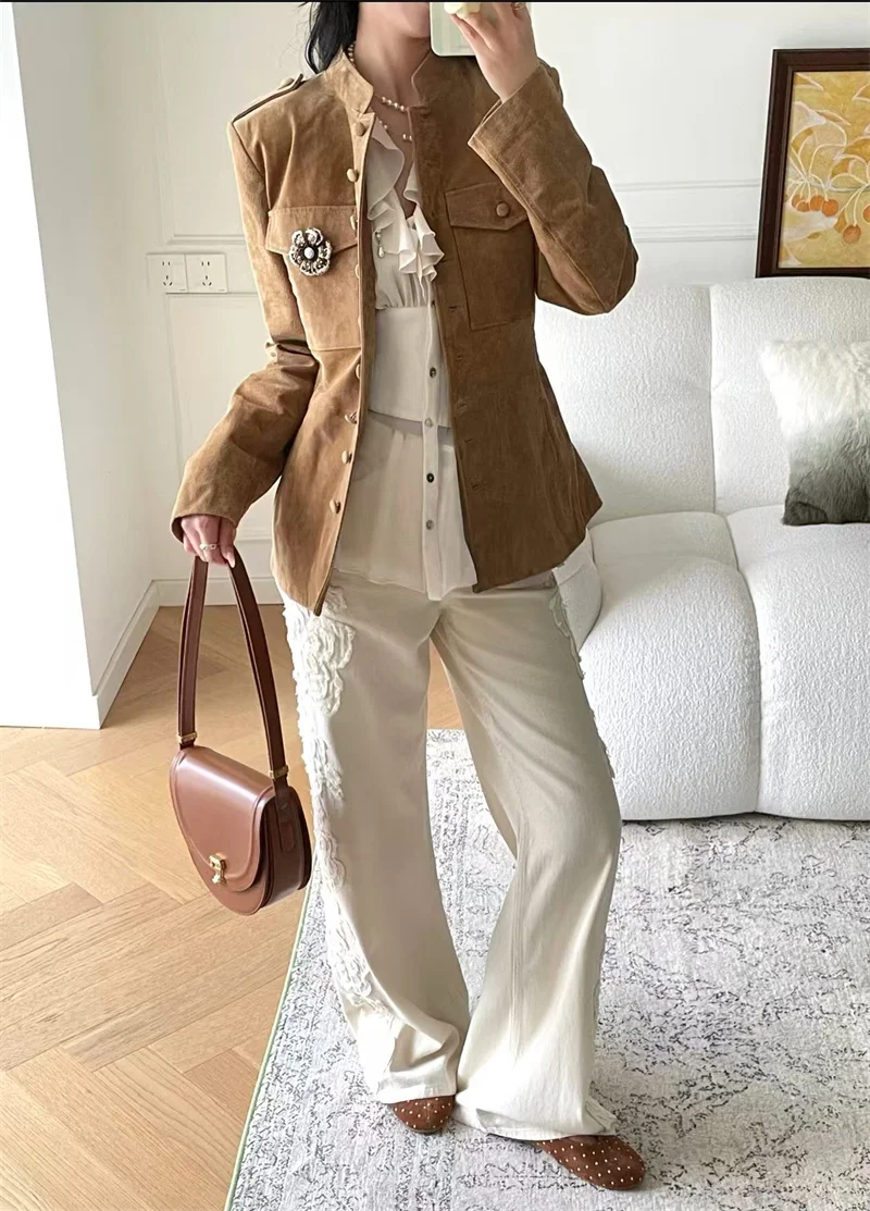 Guobioziy 2026 Autumn/Winter New Women's Jacket Camel Long Sleeve Pocket Slim Faux Leather Parka Personalized Fashion
