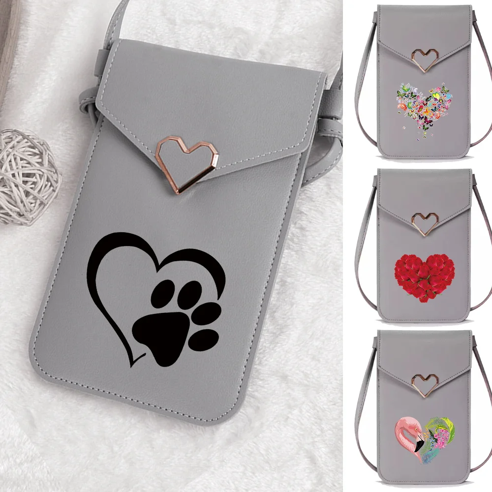 New Women Phone Storage Bags Transparent Touch Screen Phone Bag Love Series Shoulder Straps Wallet Card Multilayer Shopping Bag