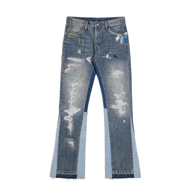 2026 New Washed Distressed Ripped Embroidery Print Splashed Ink Flare Wide Leg Denim Jeans Fashion Trend
