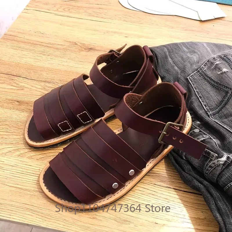 

Men's Sandals Summer Fashion Casual Open Toe Outdoor Cowhide Shoes Male Trendy Hiking Genuine Leather Shoes Youth Brown