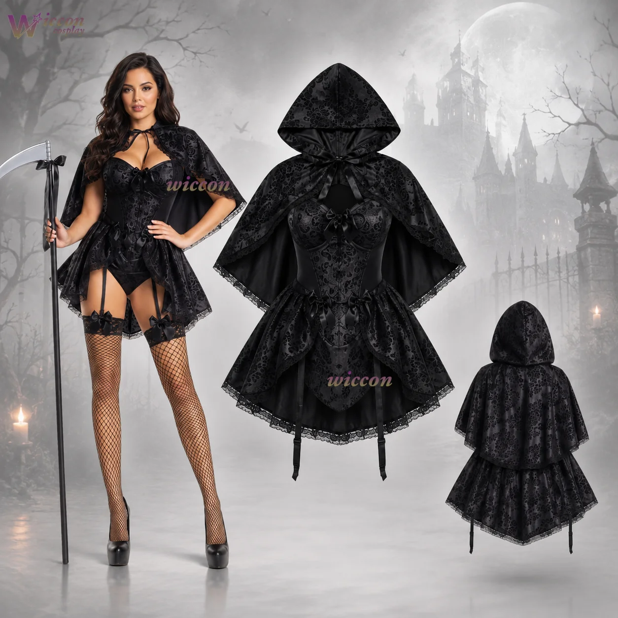 

YesOk Halloween Dark Reaper cosplay costume witch cloak dress black lace sexy party performance stage play cosplay