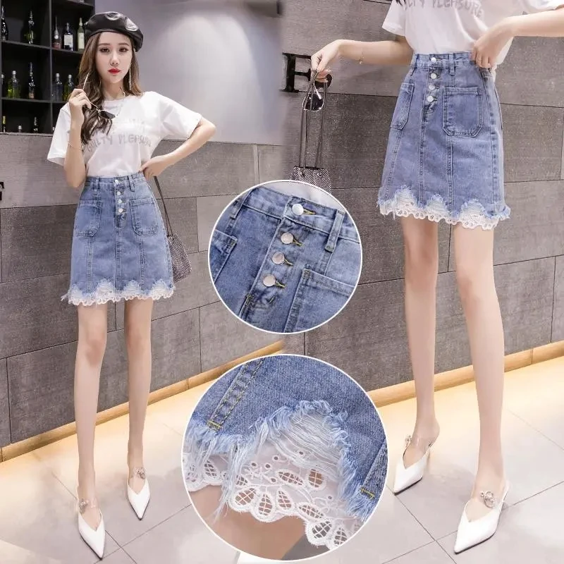 Faldas Denim Skirt Female Korean Version Of Fashion Breasted Lace Patchwork Lace High Fanny Pack Hip Skirt Ropa De Mujer Skirts