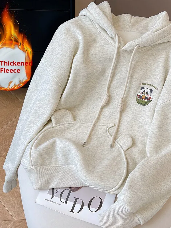 

Уникальная толстовка с вышивкой в ​​виде панды, женская утепленная толстовка на флисовой подкладке, осенне-зимняя толстовка в корейском стиле, повседневная верхняя одежда