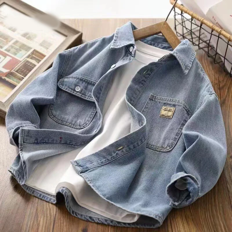 Spring Autumn Windproof Boys Denim Jacket Age 2-12 Outdoor Coat Notched Collar Single Button Long Sleeve Pockets Stylish ‌
