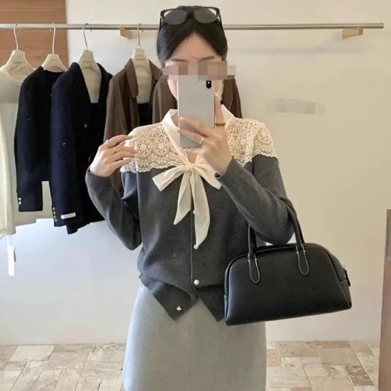 2026 여성 스웨터 새로운 니트웨어 여성 의류 탑 패션 Y2K 카와이 따뜻한 레이스 리본 귀여운 긴 소매 캐주얼 가을 의류