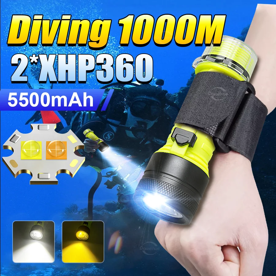 Underwater Flashlight - 最新の最強LEDダイビング懐中電灯 充電式プロフェッショナルダイビングトーチ XHP360 ダイビングランプ 釣り用水中ランタン