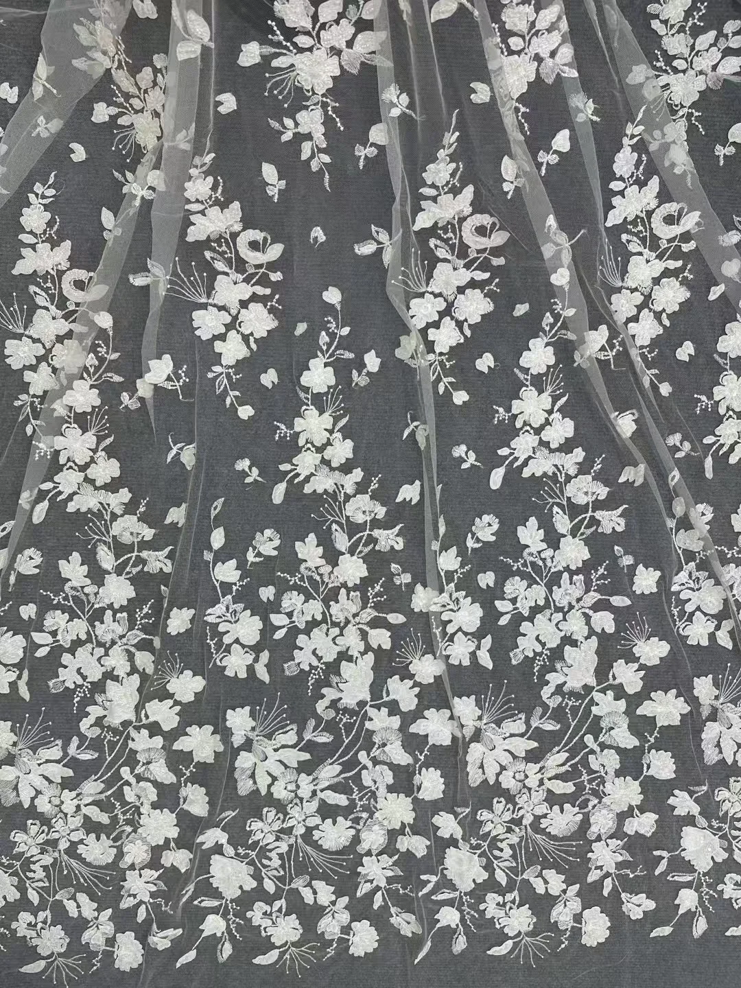 2024 Embroidery Fabric 3d Flower Bridal Wedding Dress Lace Fabric Beading Sequin Embroidery Fabric Off White