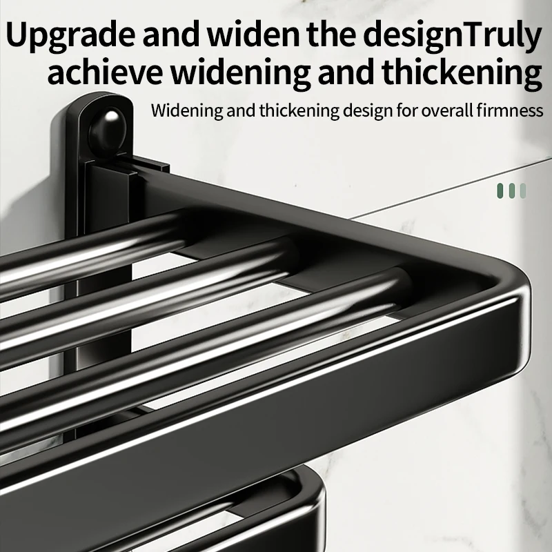 Bathroom Towel Holder no drill Black Grey Towel Rack Self Folding Holder Storage With Hook Wall Mount Bath Accessories