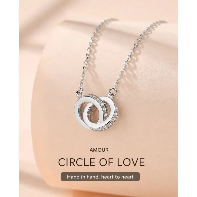 Interlocking Necklace For WomenS925Pure Silver Light Luxury High-End Diamond-Encrusted Circular Pendant Collarbone Necklace