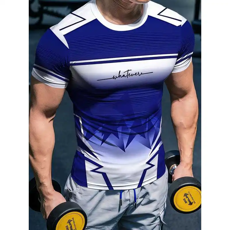 Summer Men's Blue White Geometric Print Fitness T-Shirt High Stretch Body Hugging Quick Dry Breathable Slim Fit Crew Neck Trendy