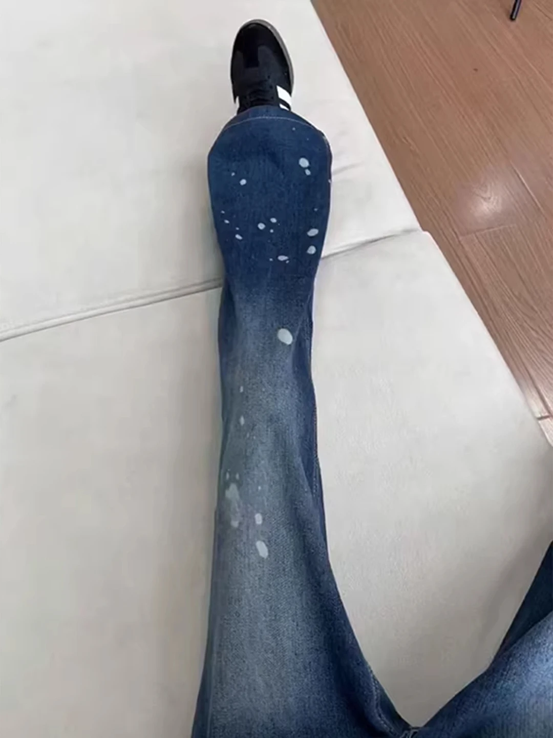 

Blue American Splatter Denim Jeans Men's Spring Small Design Sense Straight Leg Slimming Micro Flared Pants Casual Wear