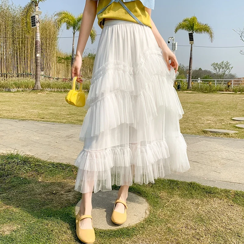 Y2k Tulle Skirt Ladies Elastic High Waist Patchwork French-chic A Line Sweet Mesh Long Skirts Korean Style Dropshipping