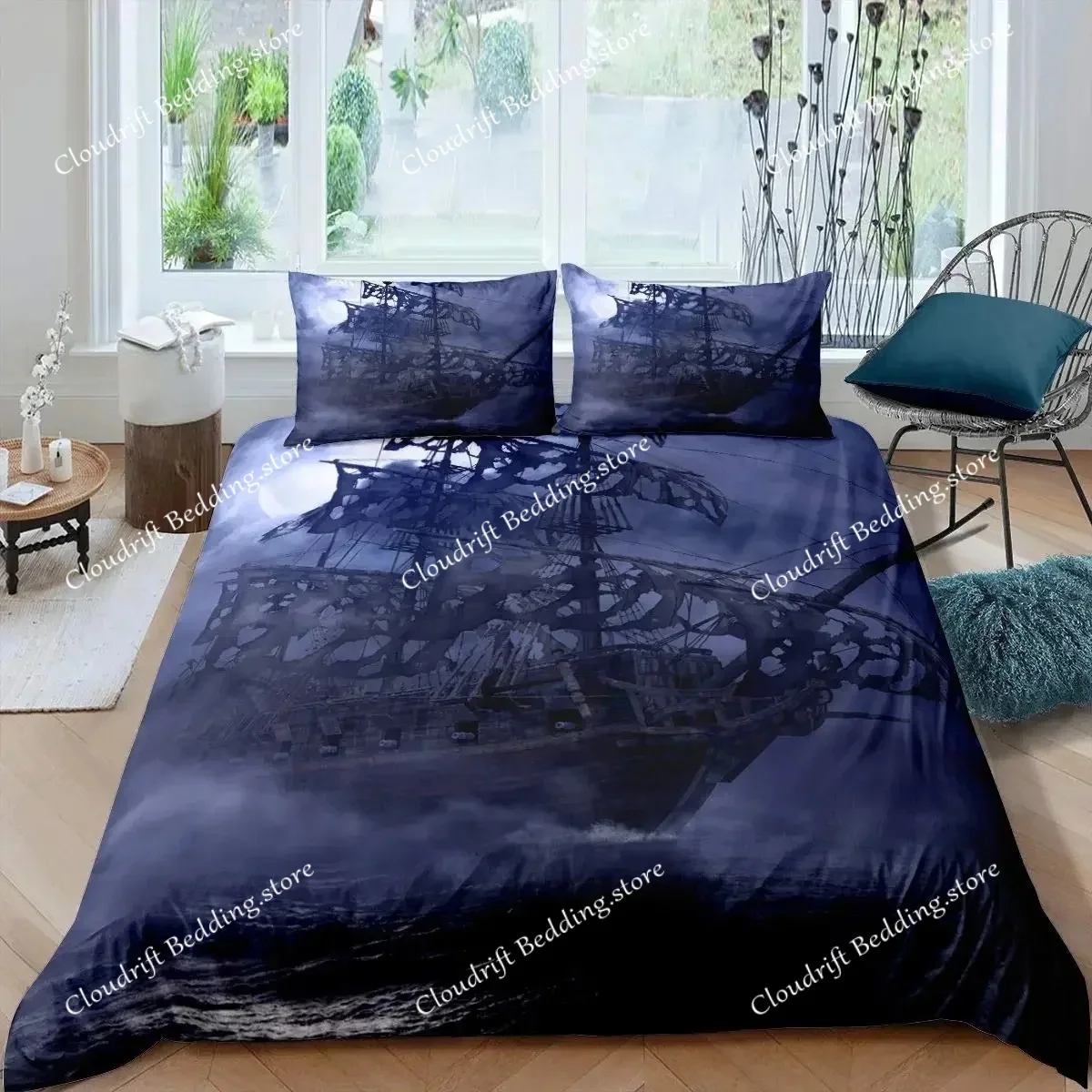 Pirate Sailboat Duvet Cover Nautical Ocean Theme Boys Teen Bedding Cool Style Adult Bedding Set Wave Pattern Printed Room Decor