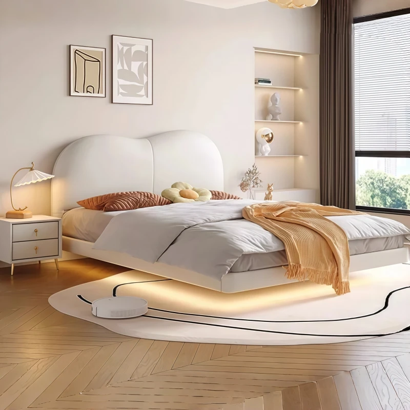#2026 New Fabric Floating Bed Modern Minimalist Cream Style Double Wedding Bed Internet Famous Upholstered Bed For Master Bedroo