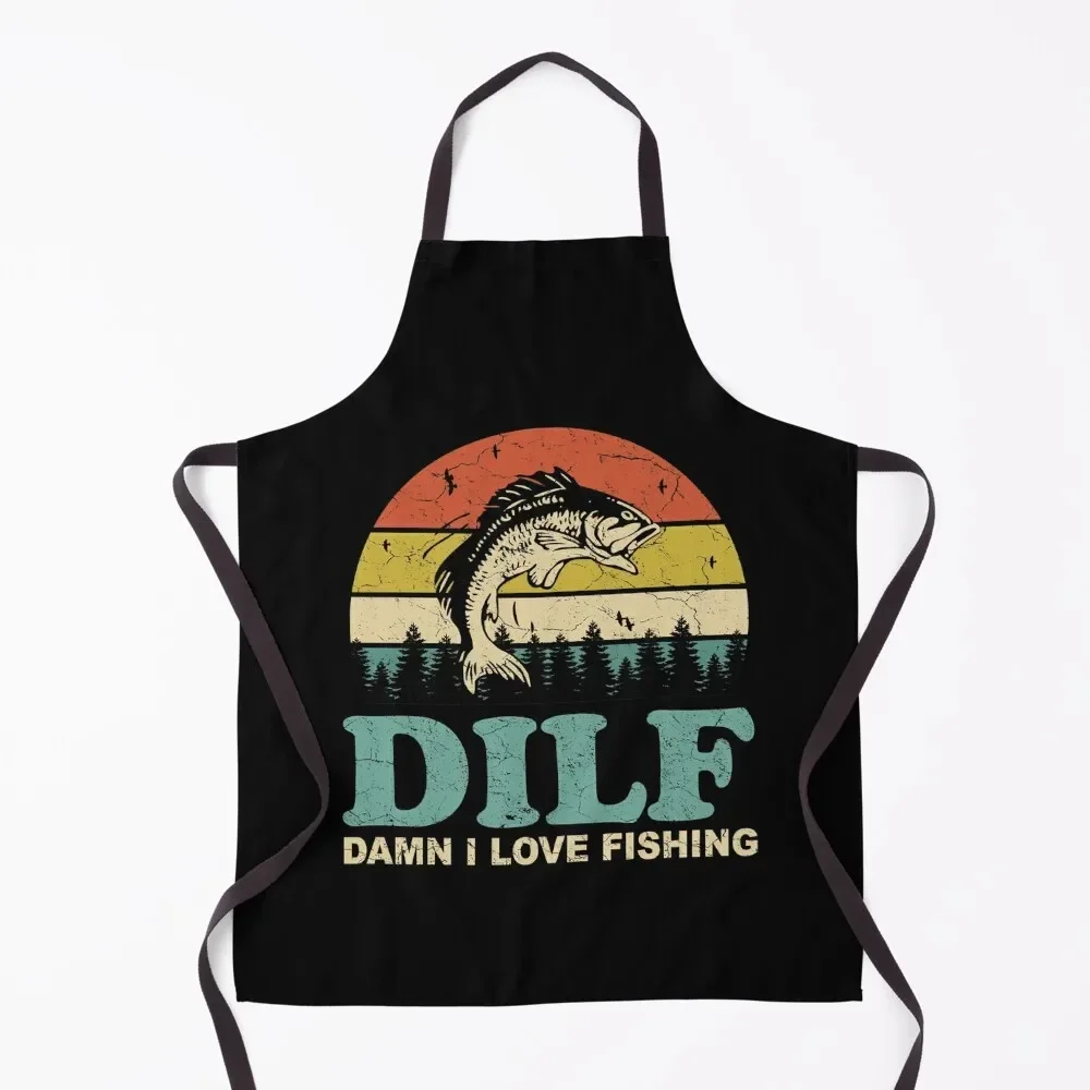 DILF Damn I Love Fishing Retro Vintage Sunset Funny Fishing Gift Apron Women Kitchen japanese style Apron