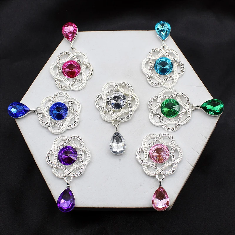 28*45mm Flower Shaped Alloy Shiny Rhinestone Acrylic DIY Ladies Brooch Clothing Decorative Buckle Decorative Accessories 1Piece