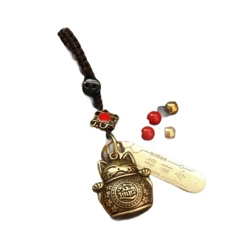 Vintage-Anhänger Glücksbringer-Katze Auto-Schlüsselanhänger Fünf-Kaiser-Geldglocke Feng Shui-Münzen Rote Schnur-Knoten Schlüsselring – Detail 5