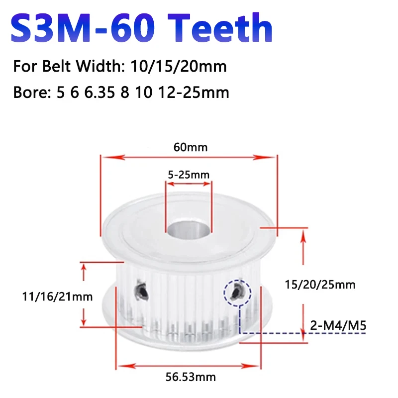 

1pc 60 Teeth S3M Timing Pulley Aluminum Alloy 60T Synchronous Wheel Slot Width 11 16 21mm Bore 5 6 6.35-25mm AF Type Pitch 3mm