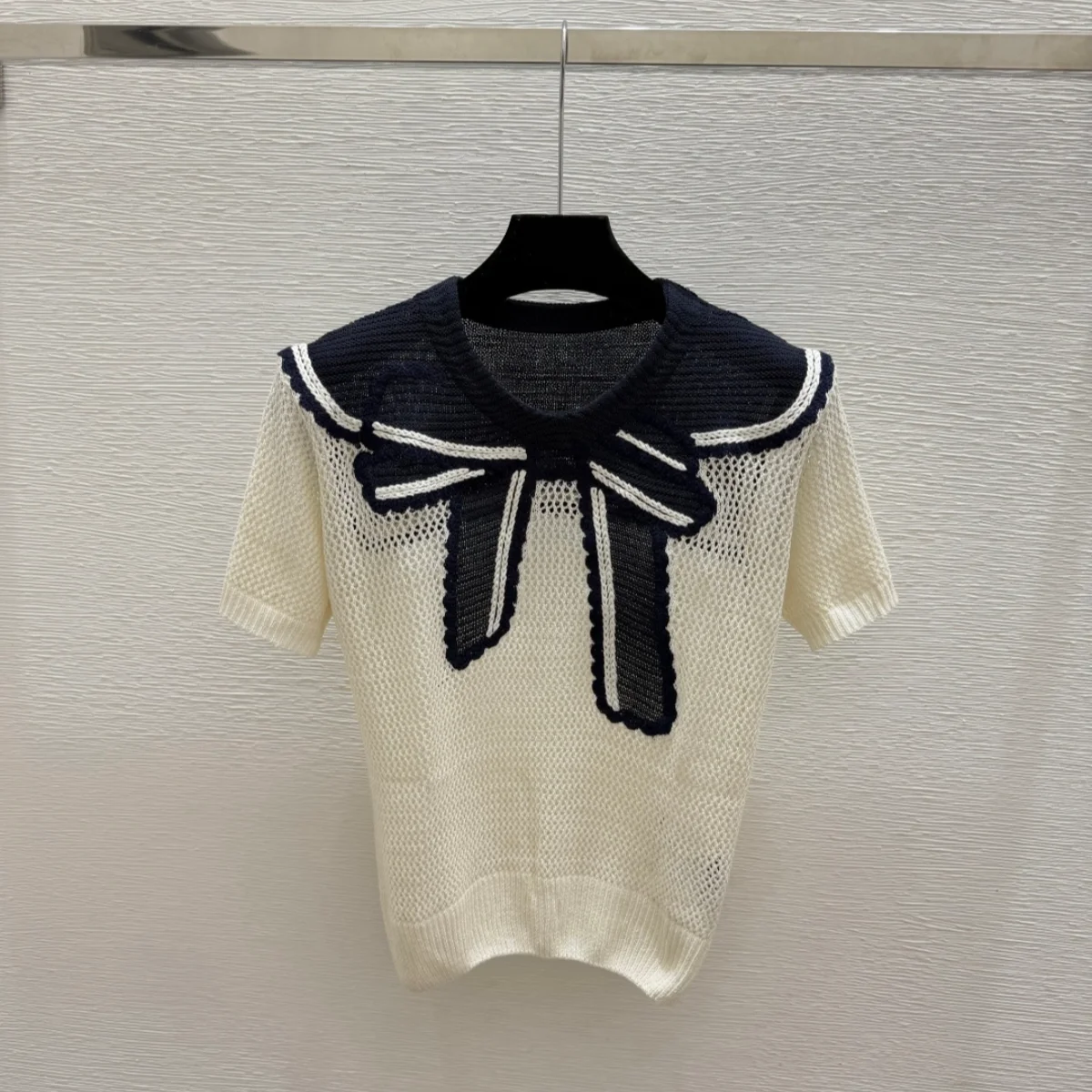 2026 High Quality Women's Three Dimensional Bow Short Breathable Ice Feel Knitted Top--hb731