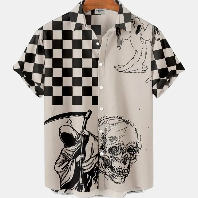 Men's Large Size Hawaiian Flower Skull Short Sleeve Shirt Casual Summer Fashion Elegant Luxury Retro Vacation Collar Clothing