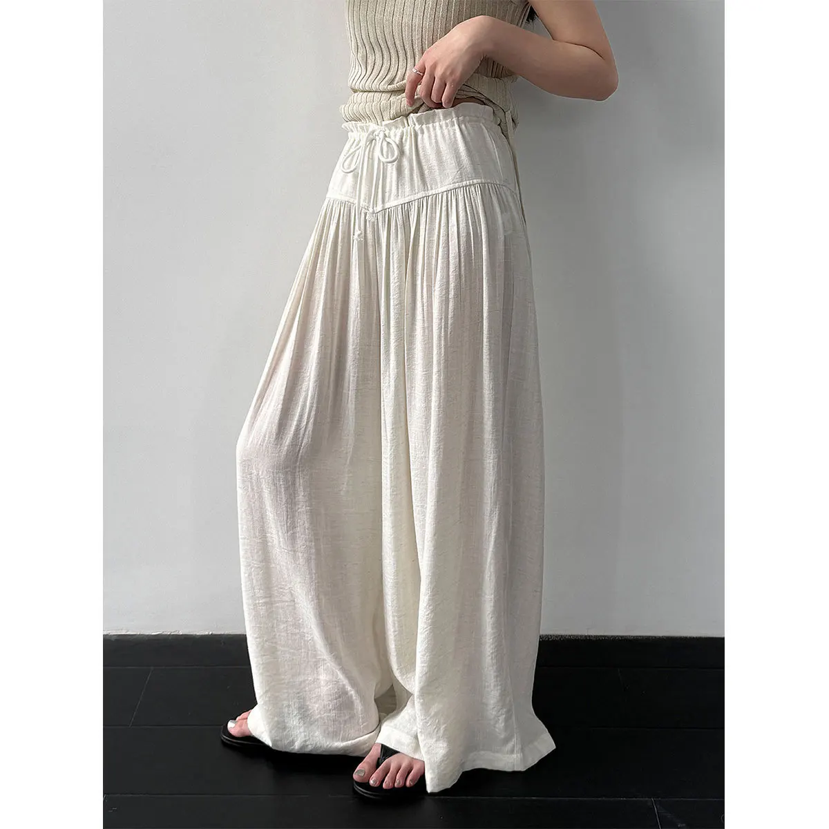 

2026 Women Summer Casual Stretch High Waist Linen Long Pants Elegant Wide Leg Pants Fashion Women Clothes Trousers