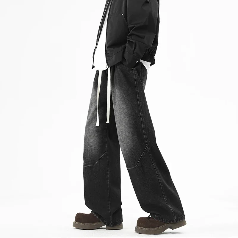 2025 힙합 배기 데님 시즌 신축성 있는 허리밴드 신상 한국 남성용 청바지 미국식 루즈핏 와이드 레그 스트레이트 캐주얼 바지 스트리트