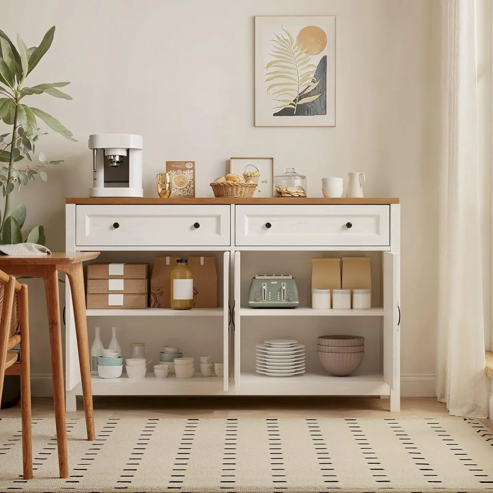 Rustic Farmhouse Style Kitchen Sideboard with Ample Storage, Drawers, and Doors for Coffee Bar and Dining Room Organization