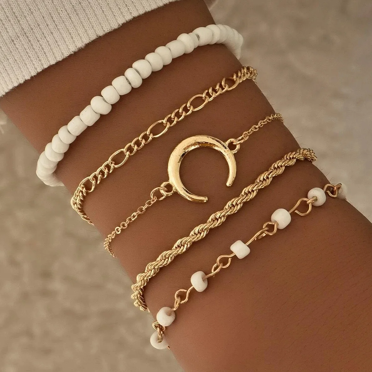 Retro Bohemia Twist Moon Multilayer Bracelet Meter Bead Six-Piece Set for Ladies Simple Bracelet Jewelry Accessories Gift