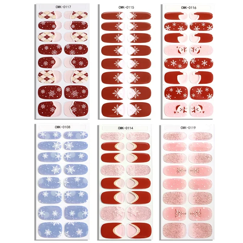 1 hoja de envolturas de uñas de Gel de Navidad UV sin hornear, diseños de hojas de flores, pegatinas adhesivas para uñas de invierno de Año Nuevo, calcomanías de decoración