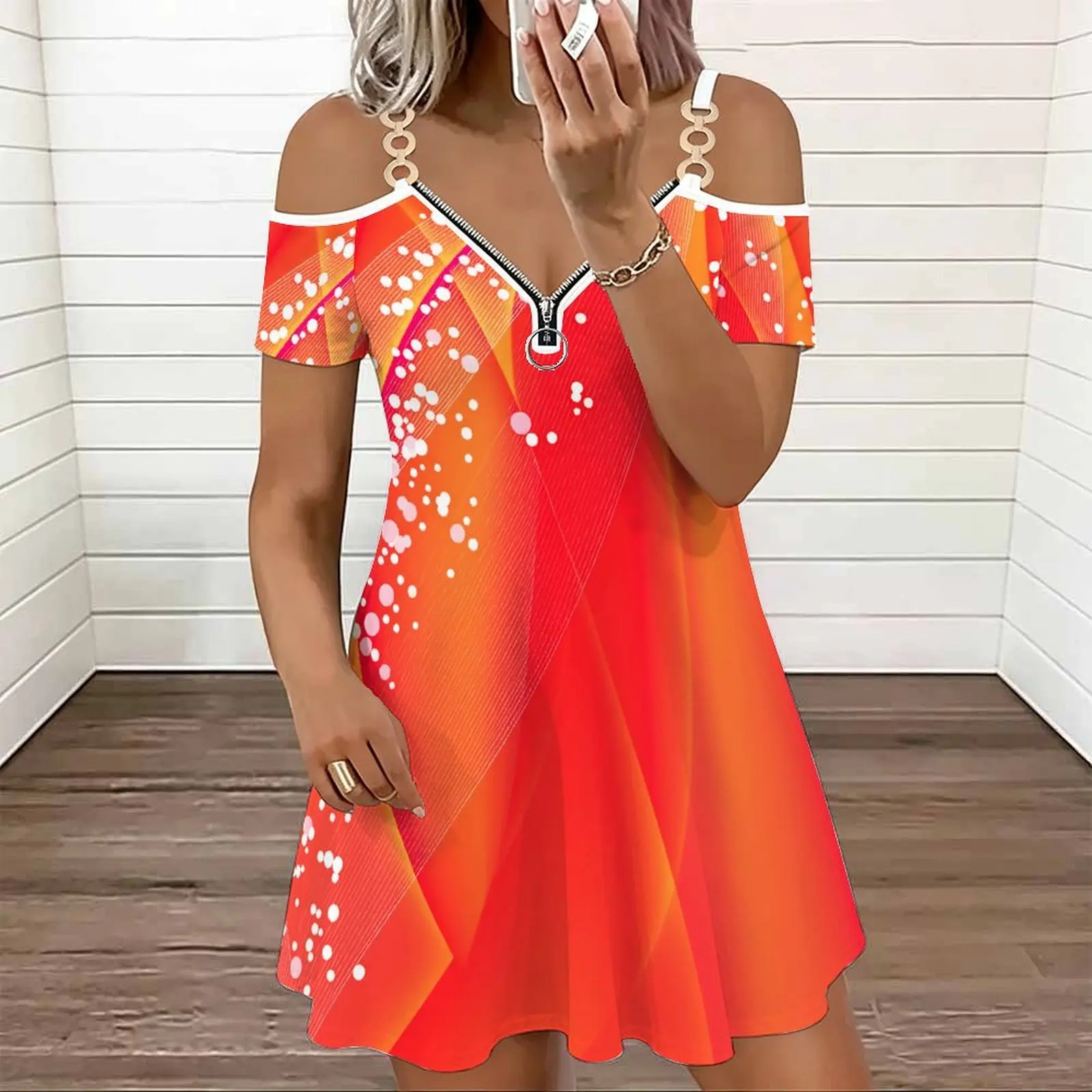 Fashion Casual Female Cold‑shoulder Double Strap V‑neck Zipper Tight Dress Retro Elegance Mini Skirt  Sexy Slim Dress