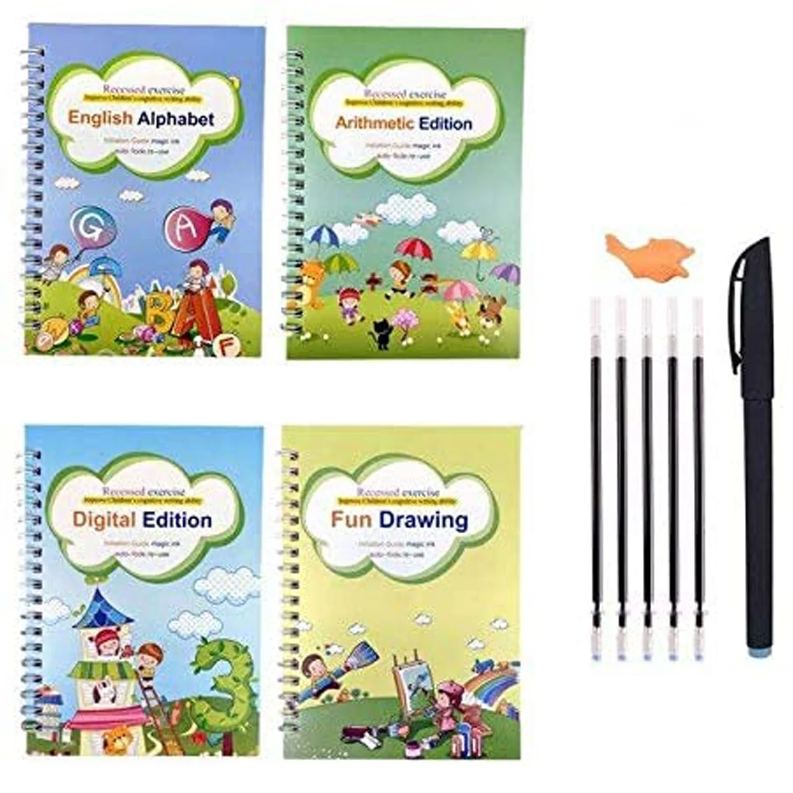 Reusable Practice Book Kids Learning Set Spiral Notebook English Math Drawing Pen Gift Educational Workbook For Preschool T1