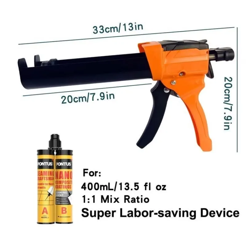 Manual Hydraulic Double Caulking Gun 400mL 1:1 Mix Ratio Dual Component Epoxy Dripless Applicator 6 Caulk Tile Grout