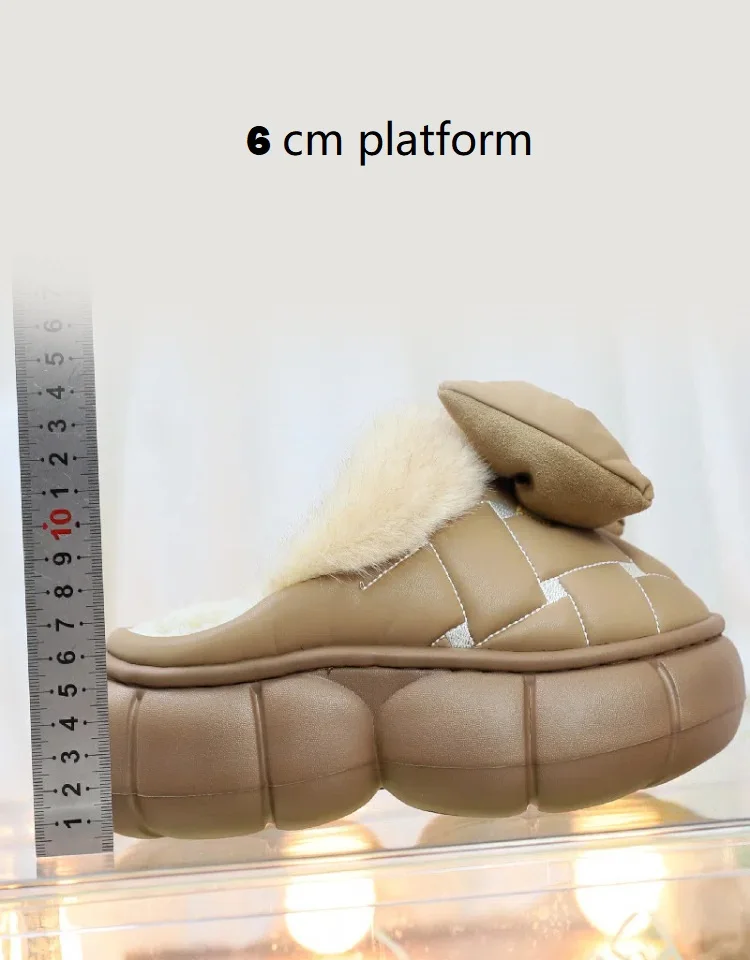 New Autumn waterproof mules shoes for women winter fluffy bow slippersoutoor fur slides  fashion 6 cm platform home slipper