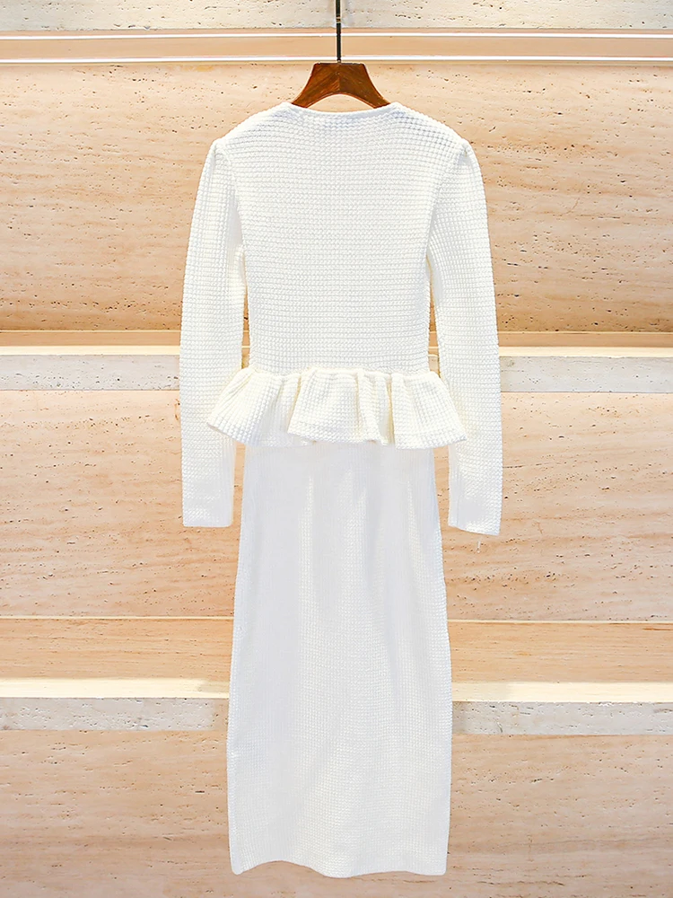 ハイエンド冬の女性のニットドレスホワイトスクエアカラーレース裾Aラインミディドレスソフトポリエステル繊維長袖