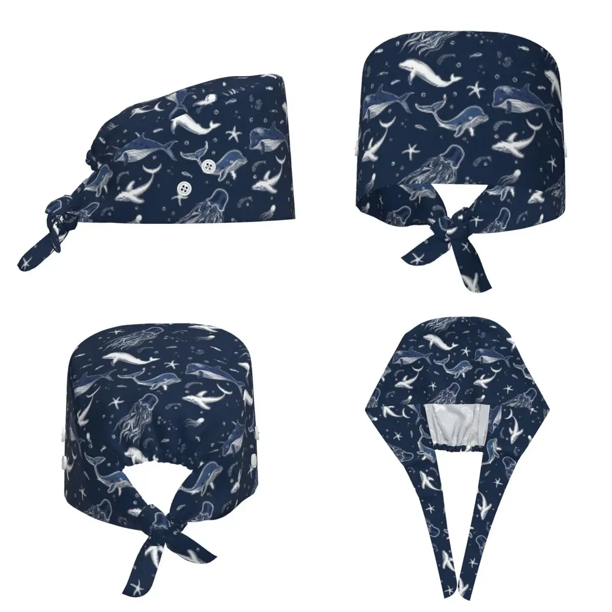 Sea Animals White Lines Dark Blue Background Scrub Hat Doctor Working Surgical Cap Unisex Adjustable Nursing Caps for Dentist