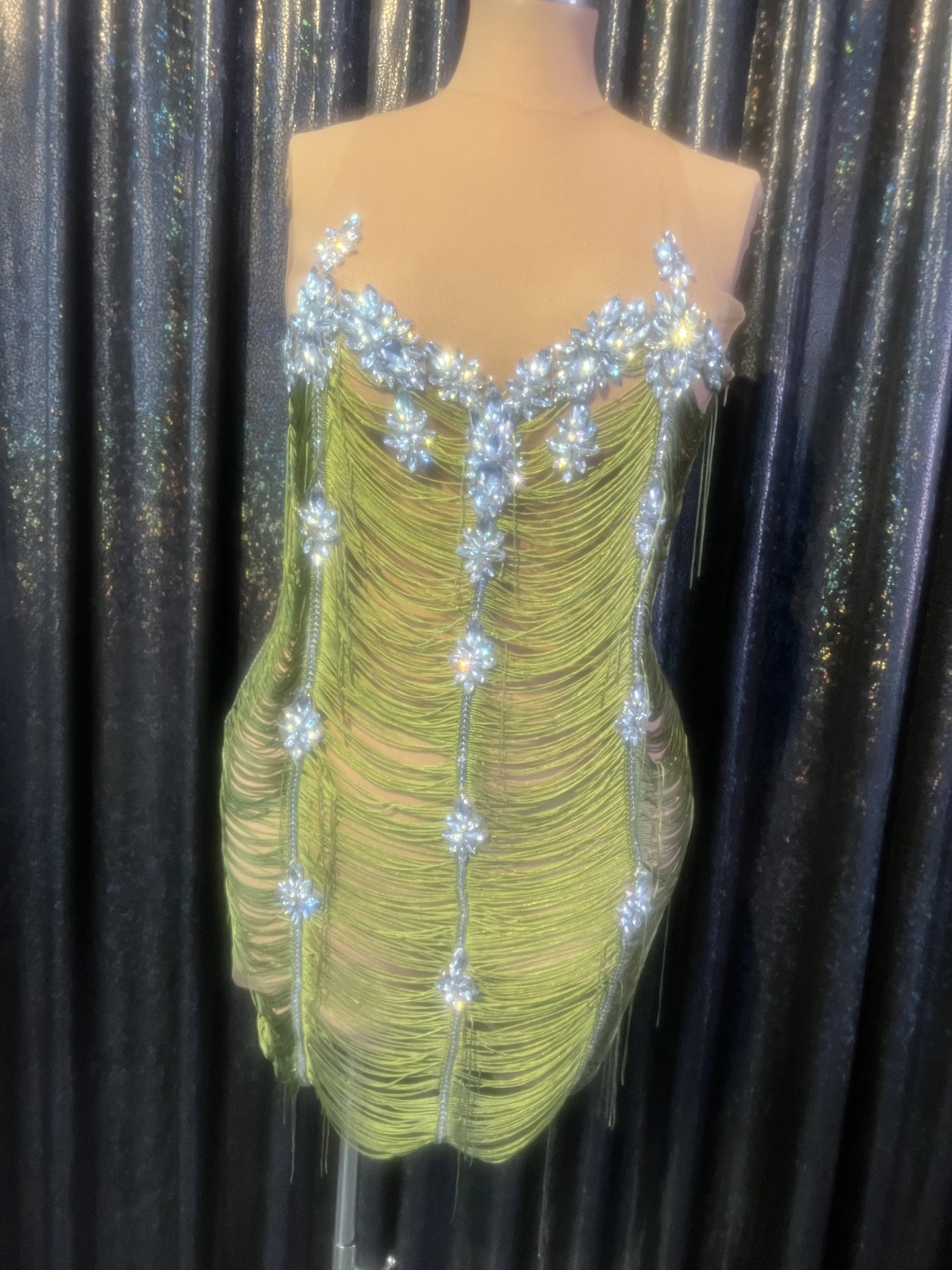 Club Singer  Party  Show Neon Green Tassel Rhinestones Transparent Sleeveless Mesh Birthday Celebrate Stretch Dress