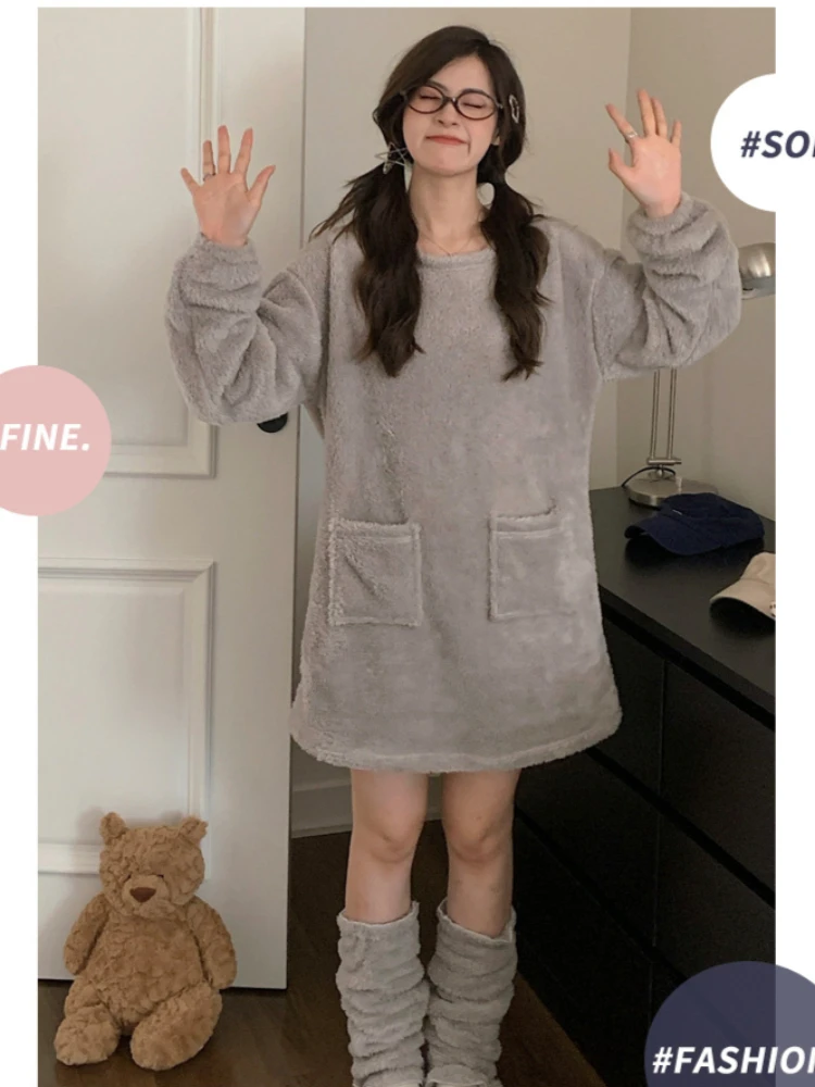 Plus Size Winter Warm Nightgown Flannel Short Dress Korean Soft Loose Thermal Homewear Outside Wear Pijamas Pullover Sleepshirt
