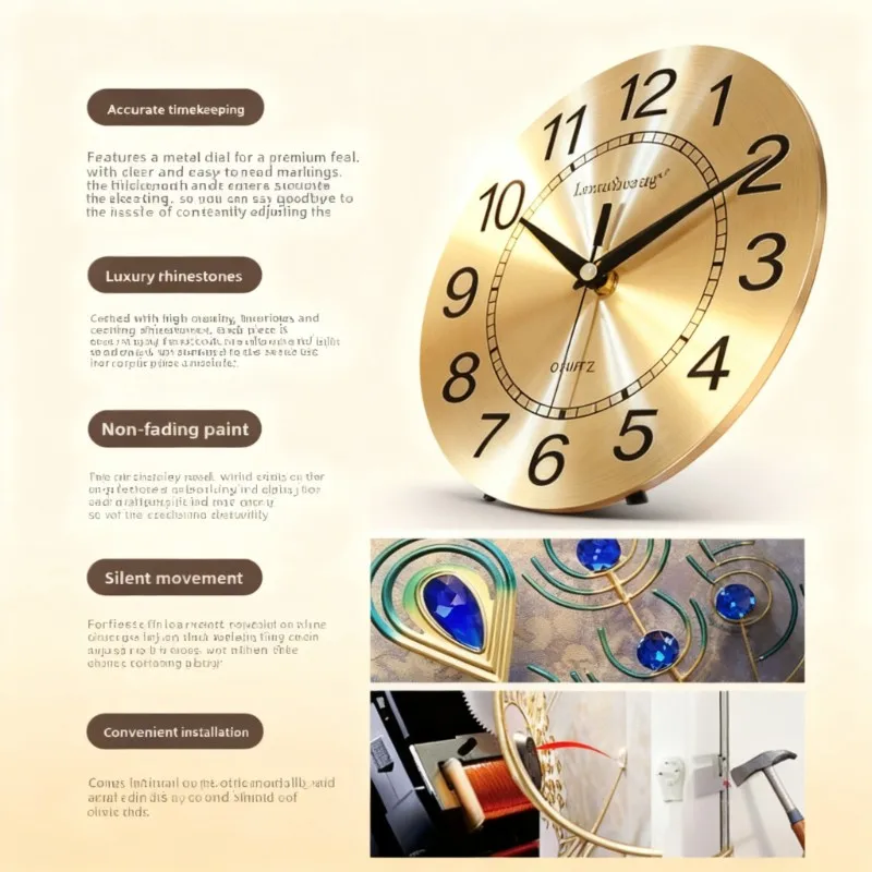 Modern Simple Elegant Peacock‑Design Wall Watch Clock, Silent Quartz Creative Wall Clock for Home Living Room Interior Wall Orn