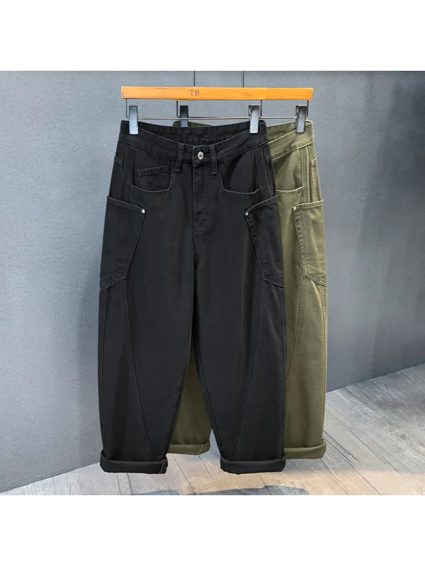 Trendy Black Denim Jeans Men's Autumn Wide Leg Knife Pants Patchwork Workwear Casual Harlan Men's Clothing Slim Fit Jeans