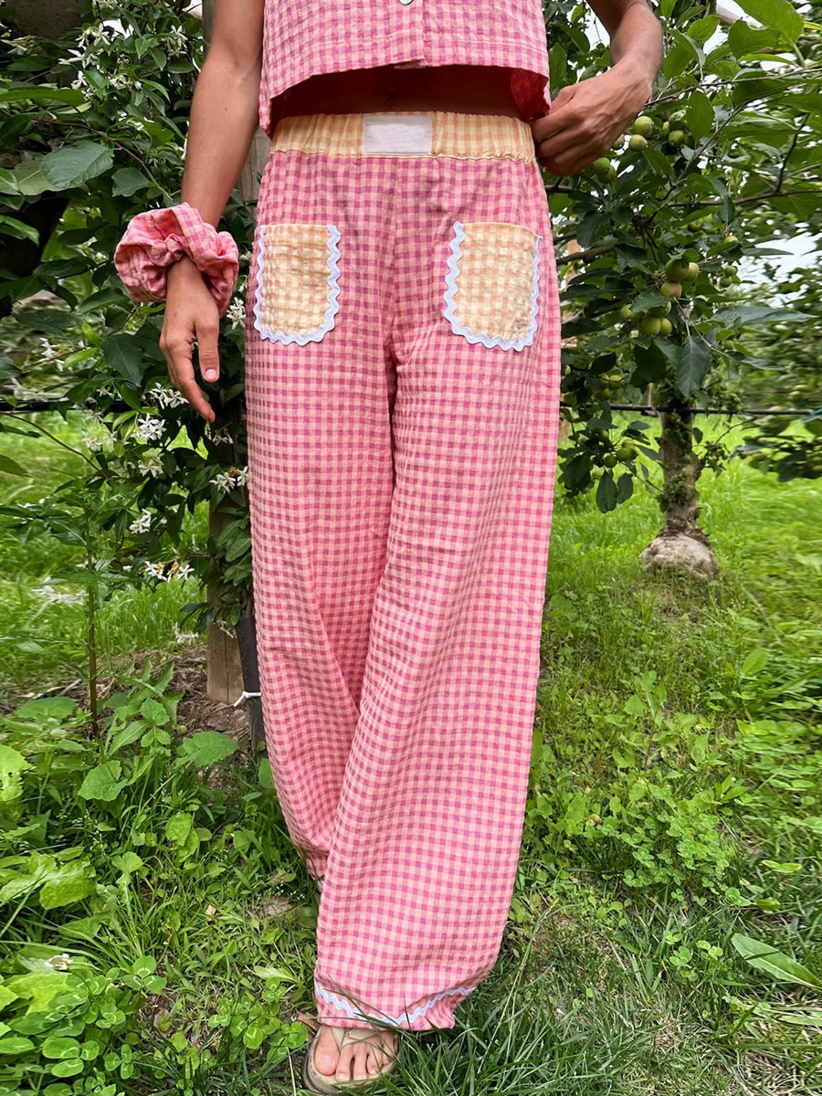 

Y2k Long Gingham Pants Women Vintage Fairy Elastic Waistband Trousers With Contrast Pockets Chic Plaid Pants Matching Outfits