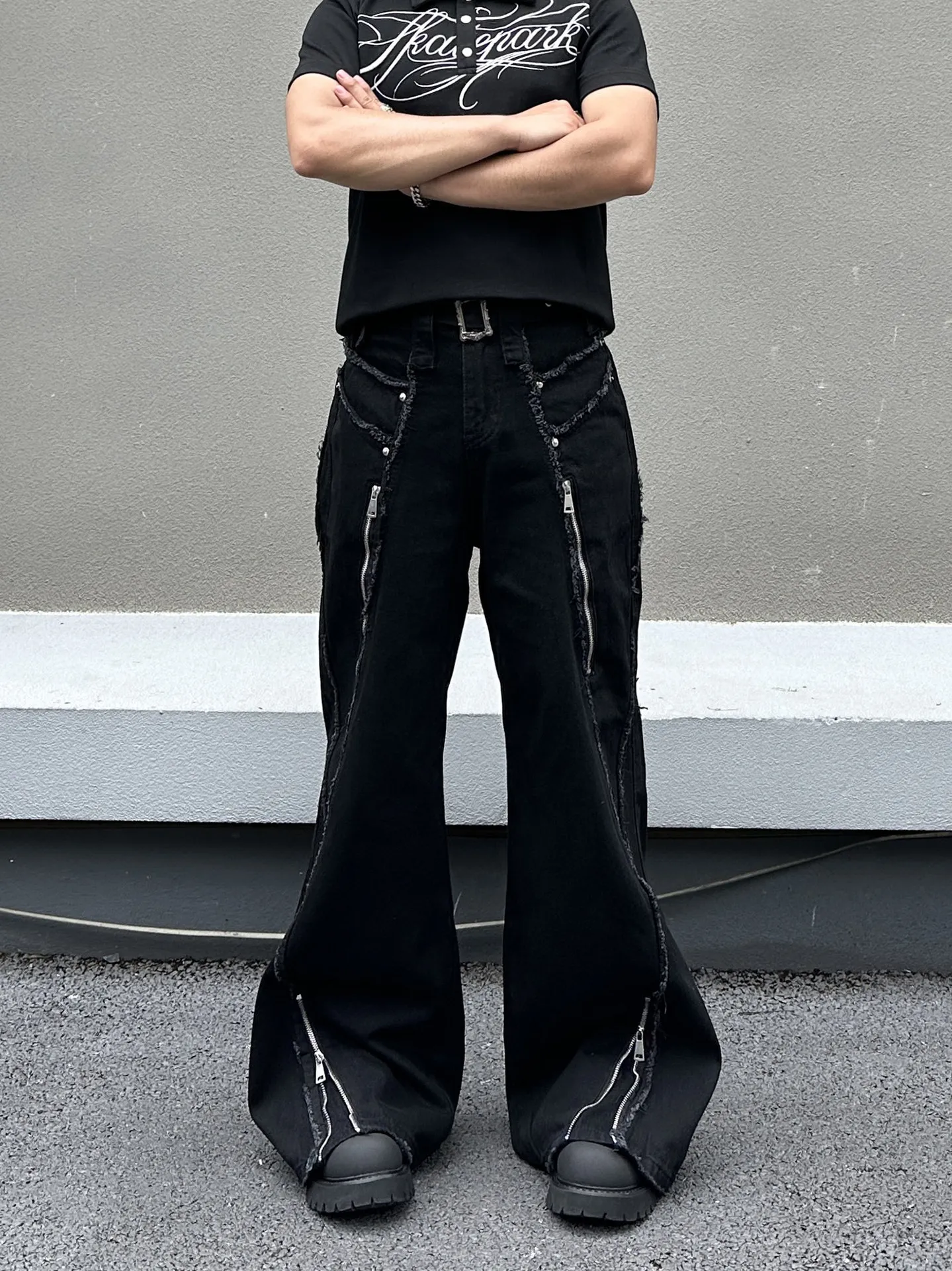 Retro Fringed Patchwork Micro Flared Jeans American Casual Fashion Y2K High Street Zipper Design Ripped Men Black Denim Pants