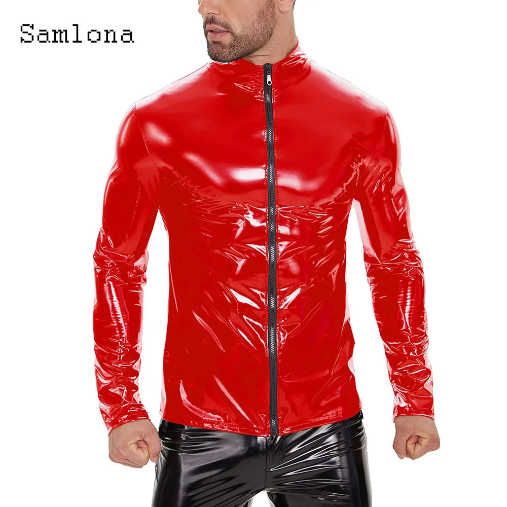 

Sexy Wet Look Pu Erotic Shirt Mens Clothing 2024 Europe Fashion Zipper Tops Plus Size 7xl Men Long Sleeves Faux Leather Blouse