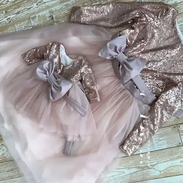 Spring Rose Pink Sequins and Tulle Dress for Mother and Daughter Formal Occasion Long Sleeve Mommy and Me Photoshoot Dresses